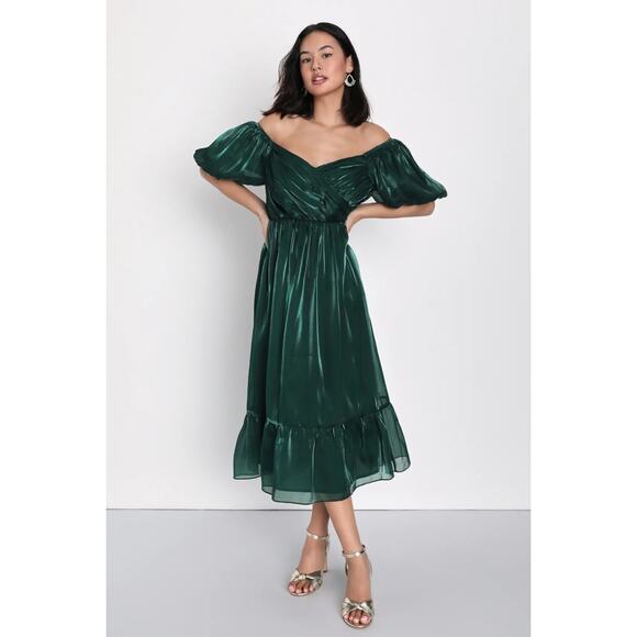 Lulu's Dresses & Skirts - Lulus Remarkable Sensation Emerald Green Puff Sleeve Tiered Dress Party Small